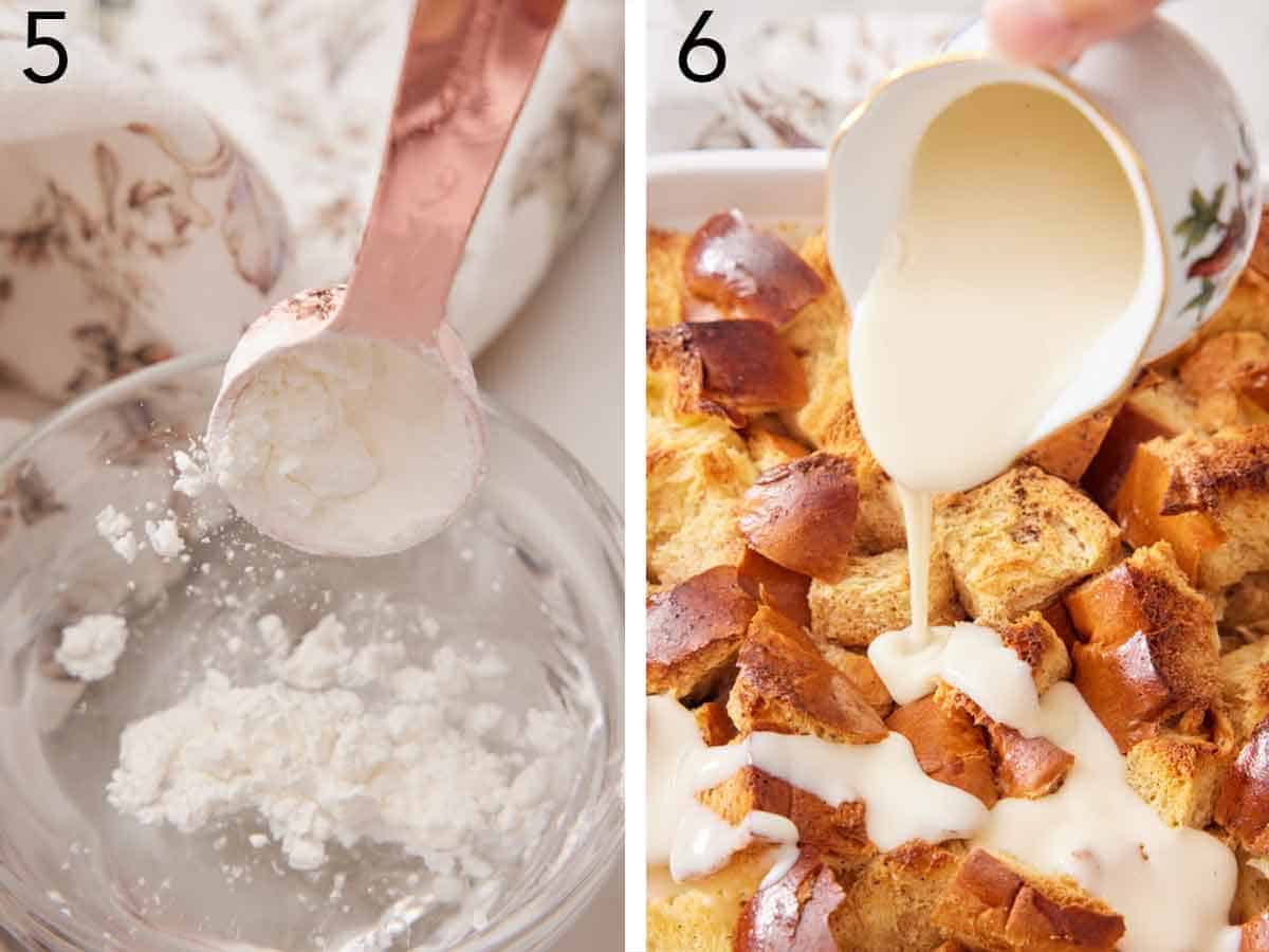Set of two photos showing powdered sugar added to a bowl and then vanilla sauce poured over the baked bread pudding.
