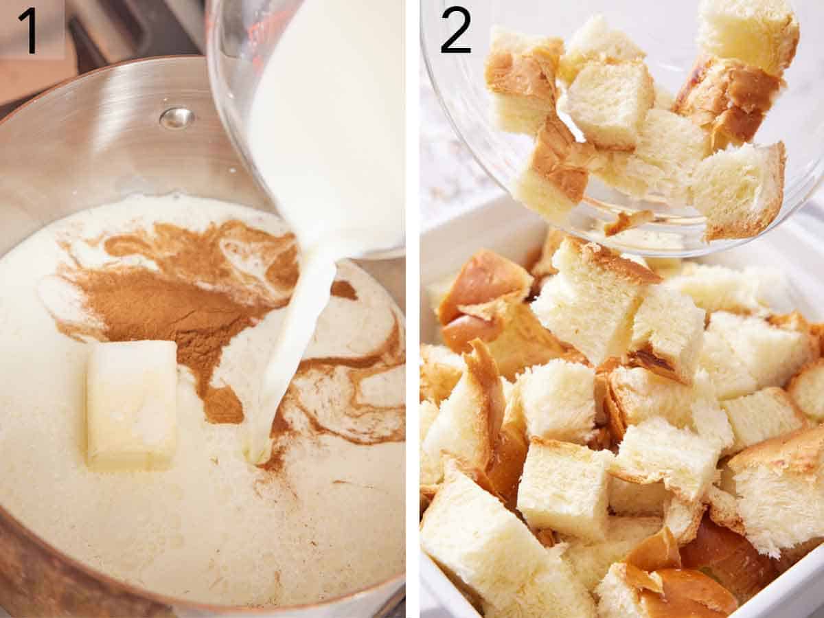 Set of two photos showing milk poured into a pot with butter and cinnamon and pieces of bread poured into a baking dish.