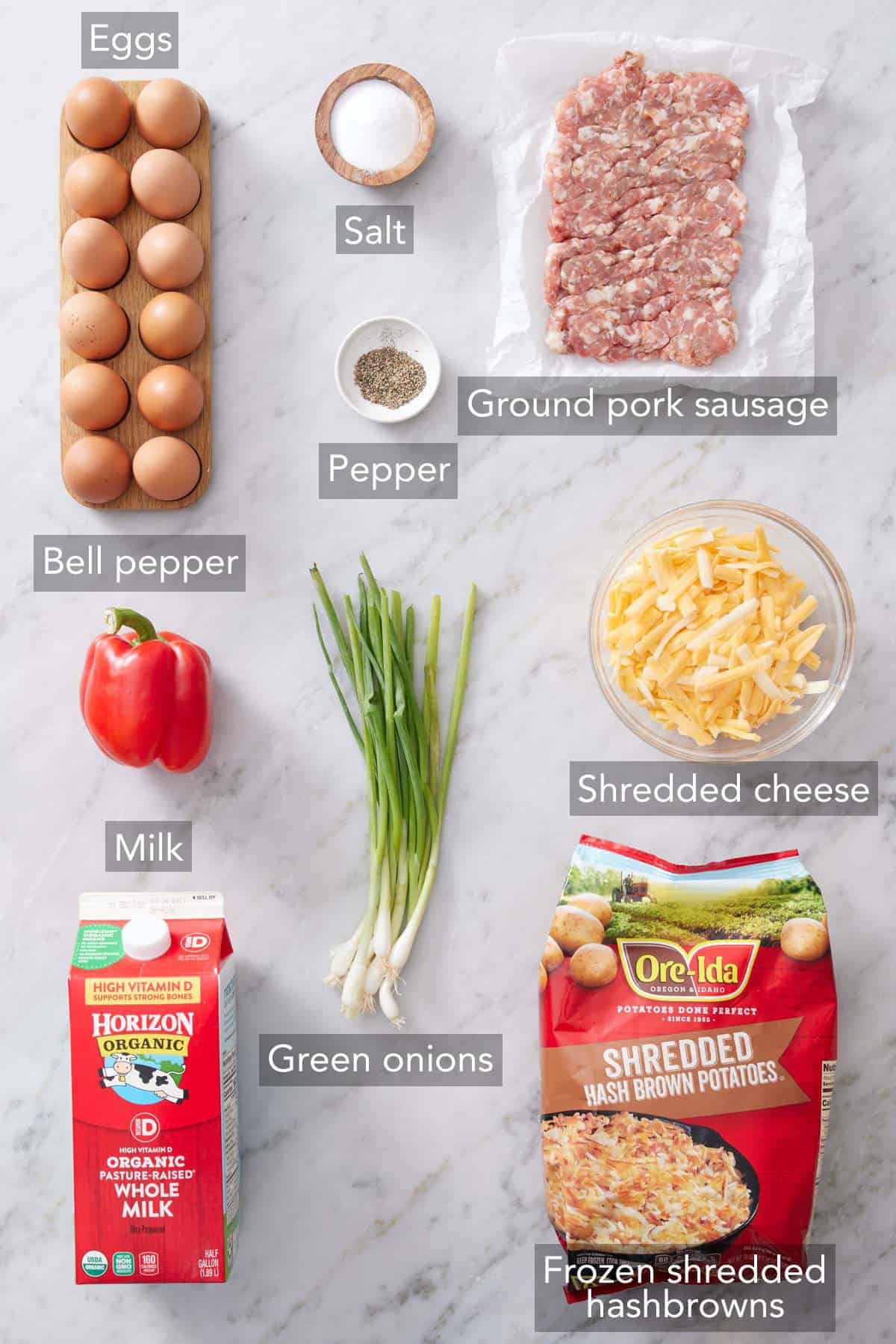 Ingredients needed to make breakfast casserole.