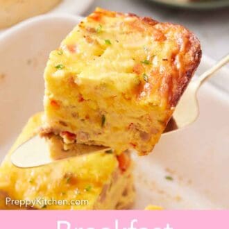Pinterest graphic of a cut piece of breakfast casserole being lifted from the baking dish.