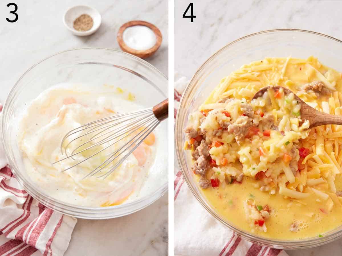 Set of two photos showing milk and eggs whisked and filling ingredients added.
