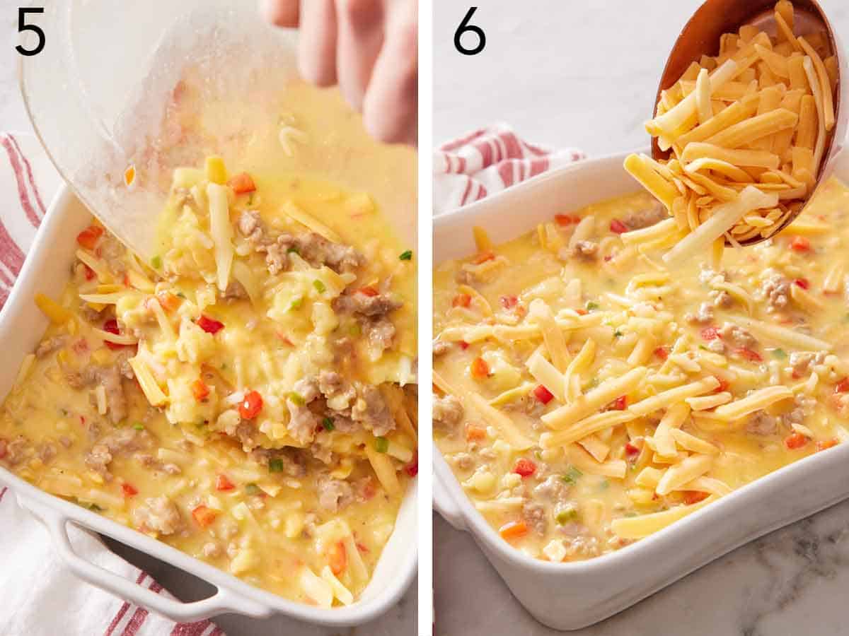 Set of two photos showing the mixture added to a baking dish and shredded cheese added on top.
