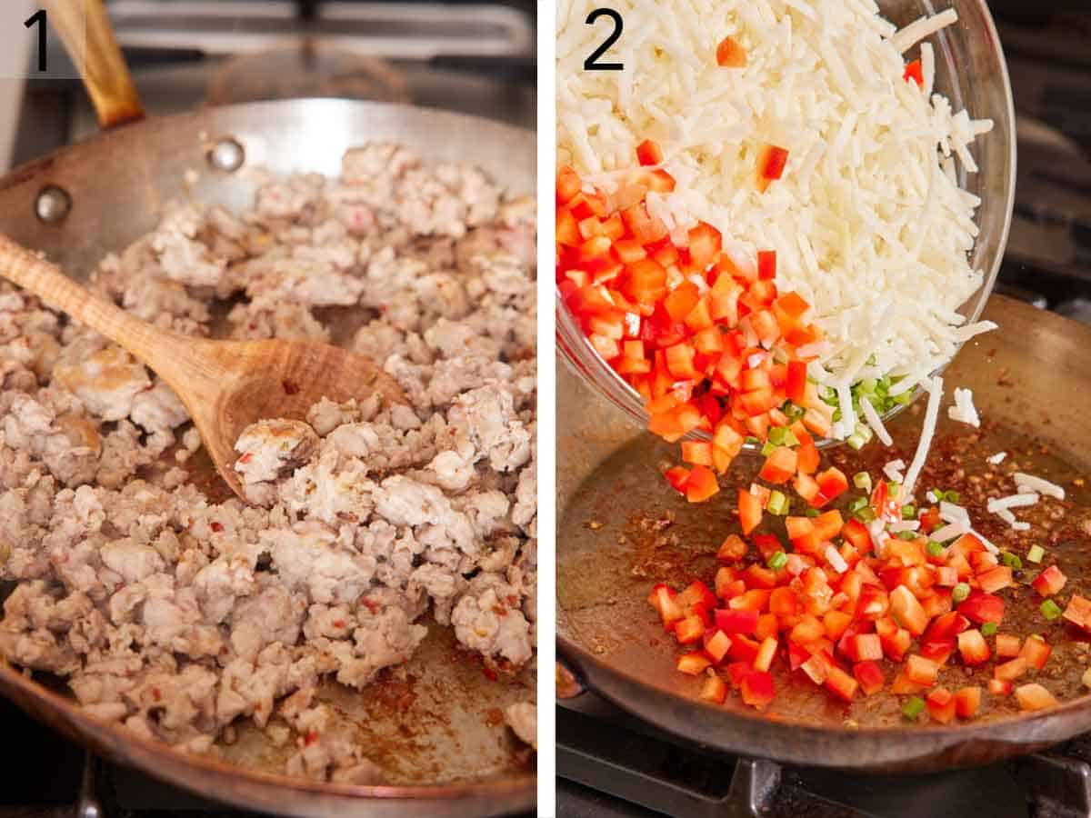Set of two photos showing sausage cooked in a skillet then bell peppers and frozen hashbrowns added to the skillet.
