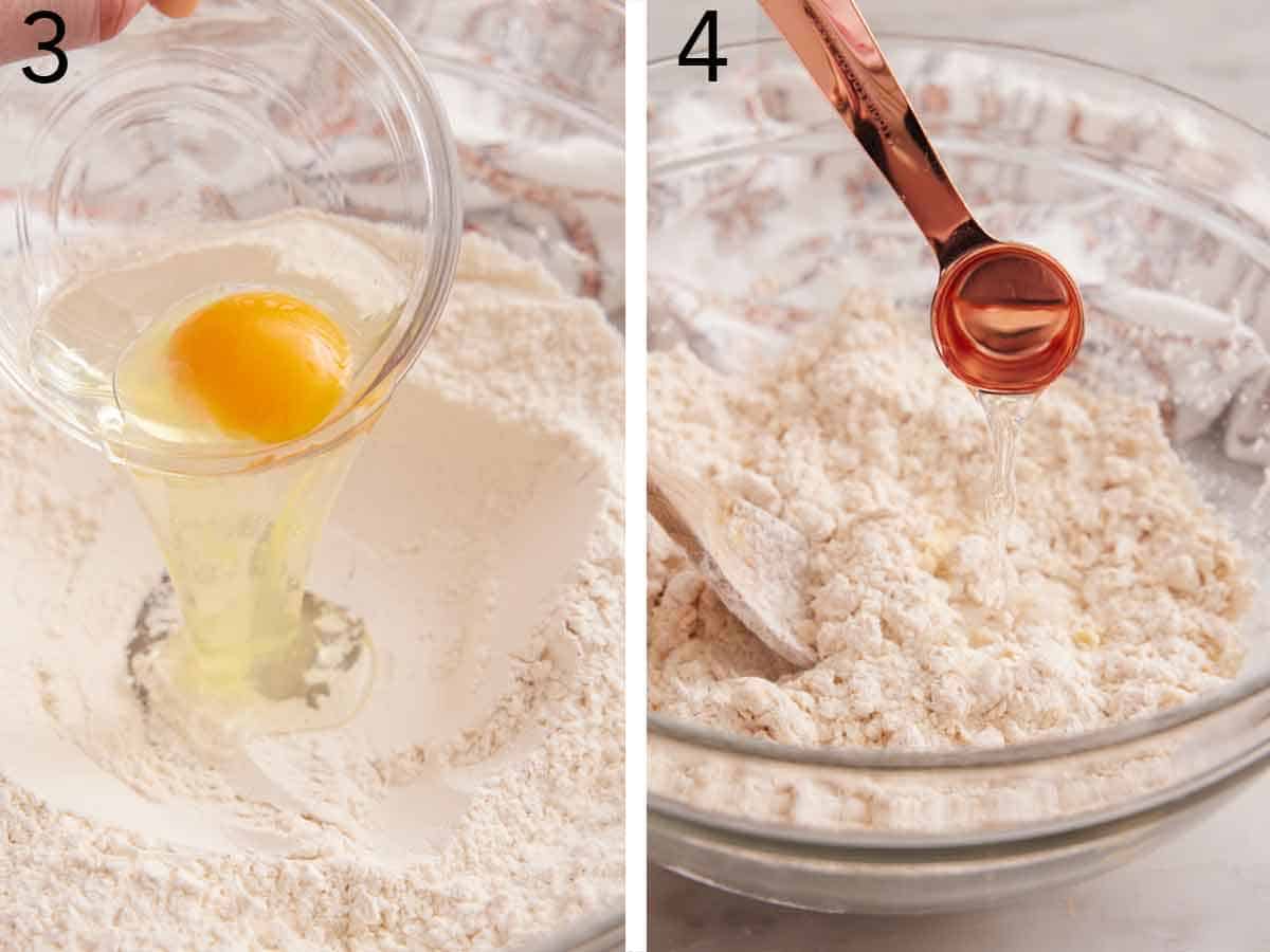 Set of two photos showing egg and vegetable oil added to the dry ingredients.