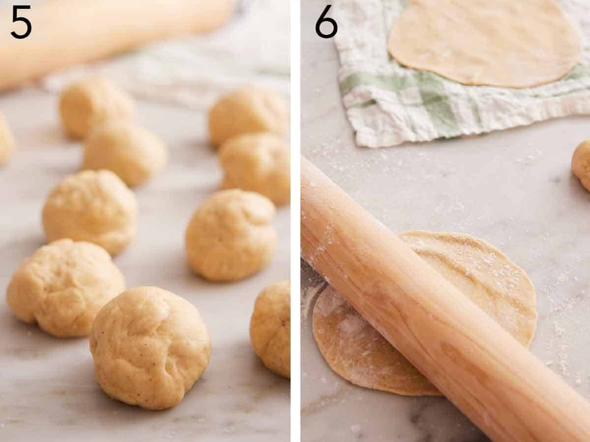 Set of two photos showing dough rolled into balls and flattened.