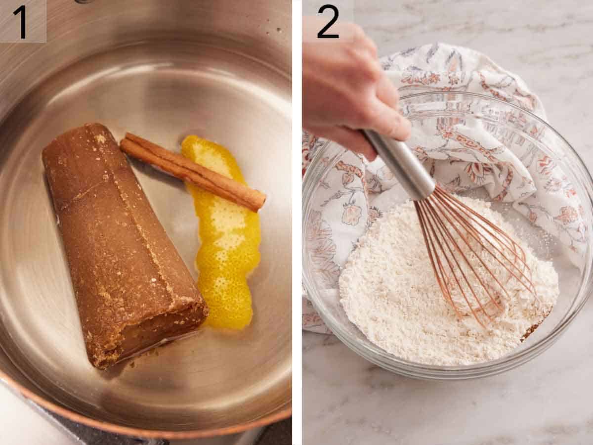 Set of two photos showing piloncillo stick, cinnamon style, orange zest, and water added to a pot and dry ingredients whisked in a bowl.
