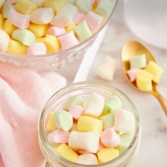Pinterest graphic of a jar with butter mints with a spoonful beside it and a bowl full in the background.