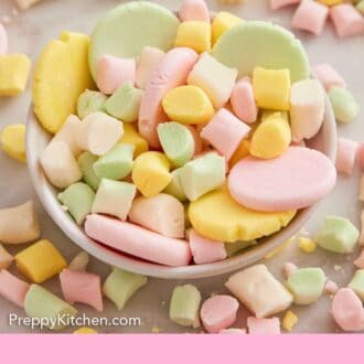 Pinterest graphic of a bowl of butter mints, some flattened into circles with more surrounding the bowl.