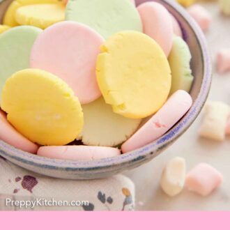 Pinterest graphic of bowl of round butter mints in pink, yellow, and green.