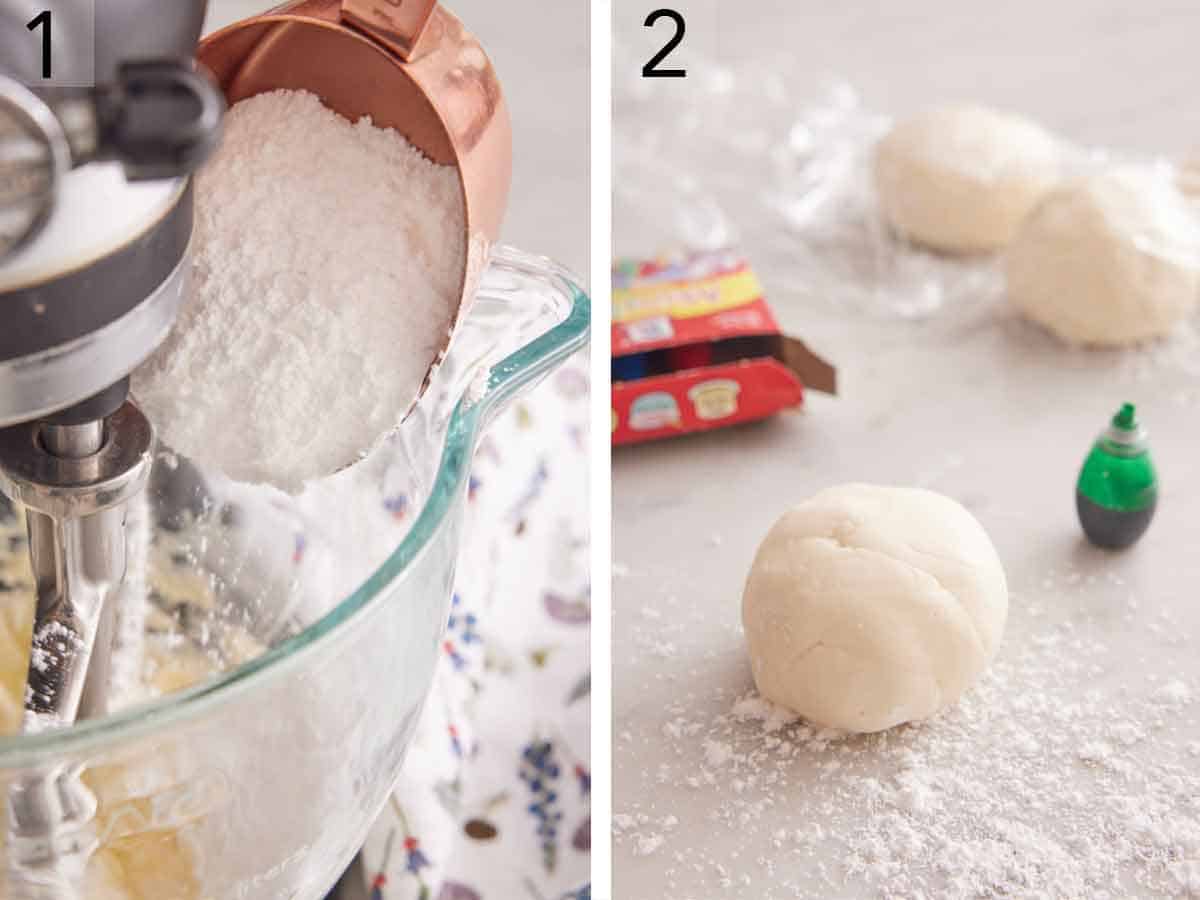 Set of two photos showing powdered sugar added to a mixer and dough rolled into a ball.