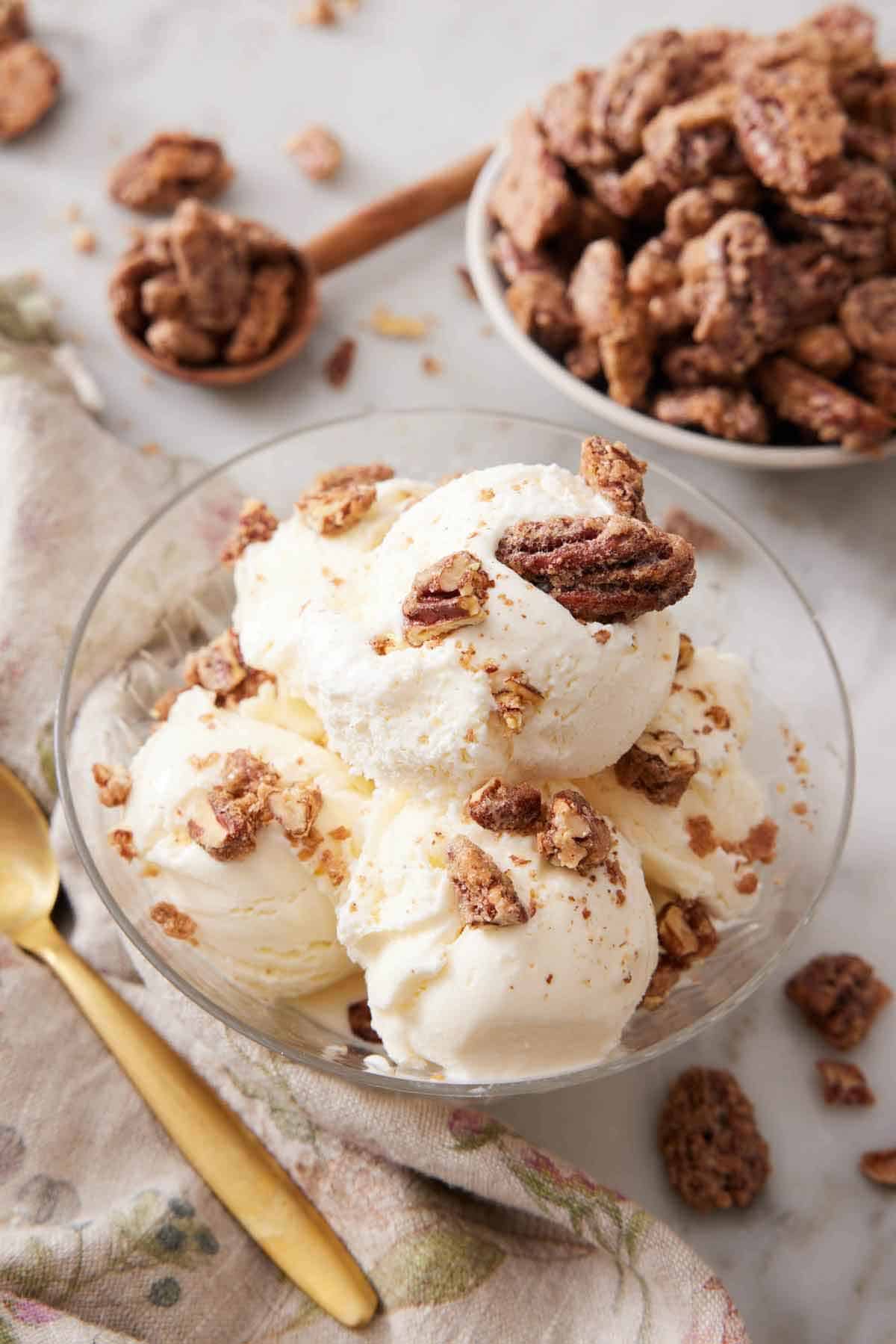 A bowl of ice cream topped with candied pecans with a bowl of more pecans in the background.