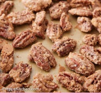Pinterest graphic of candied pecan on a sheet pan.