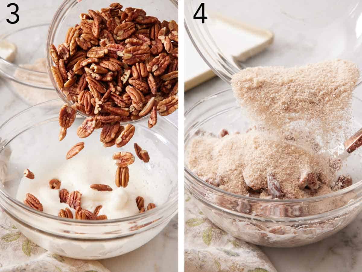 Set of two photos showing pecans added to the wet mixture and topped with the sugar mixture.