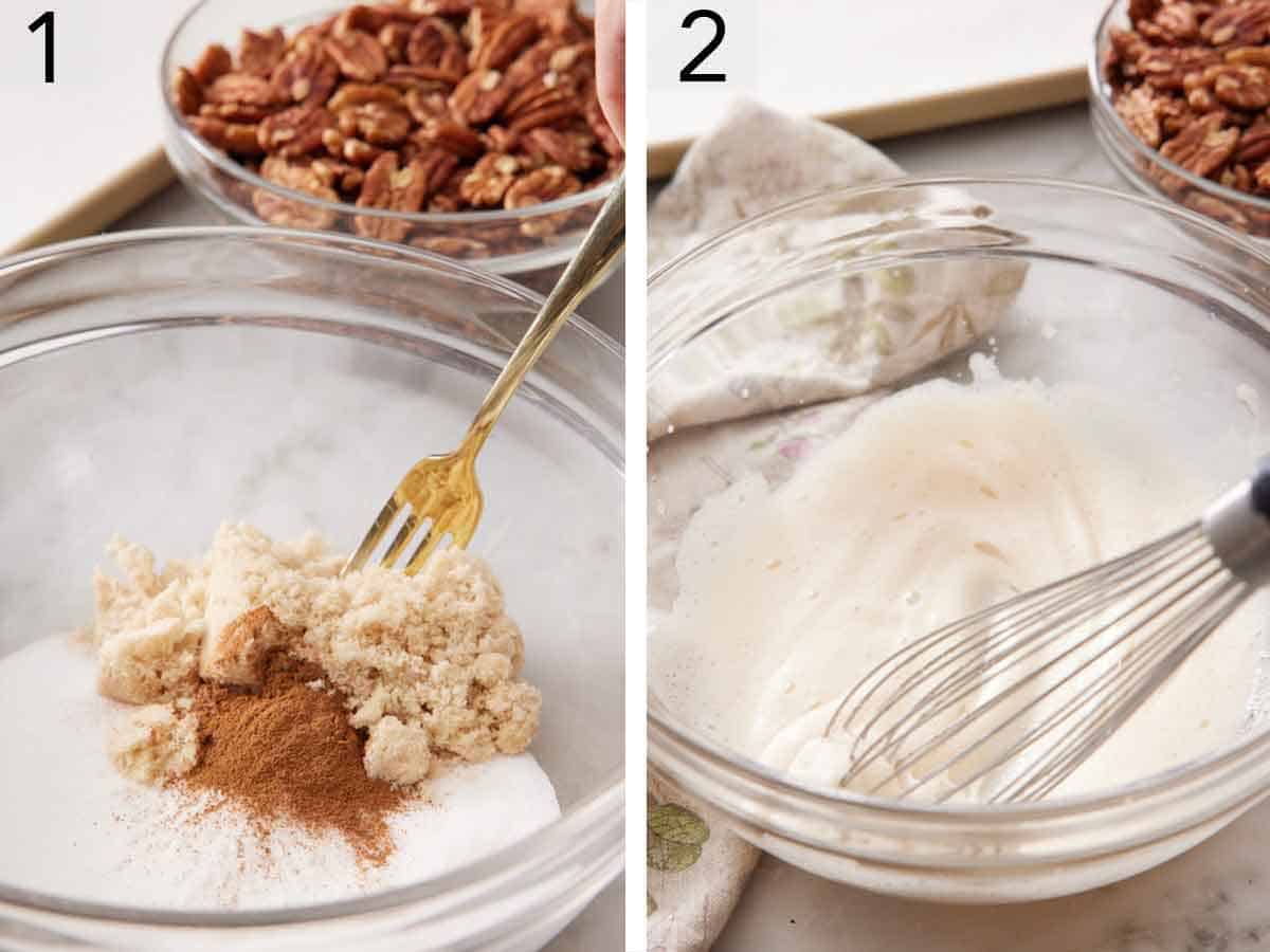 Set of two photos showing sugars and cinnamon added to a bowl and then egg white, water, and vanilla extract whisked together.