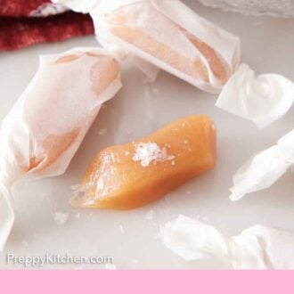 Pinterest graphic of three pieces of caramels with two of them wrapped in paper.