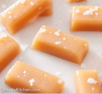 Pinterest graphic of multiple pieces of caramels topped with sea salt.