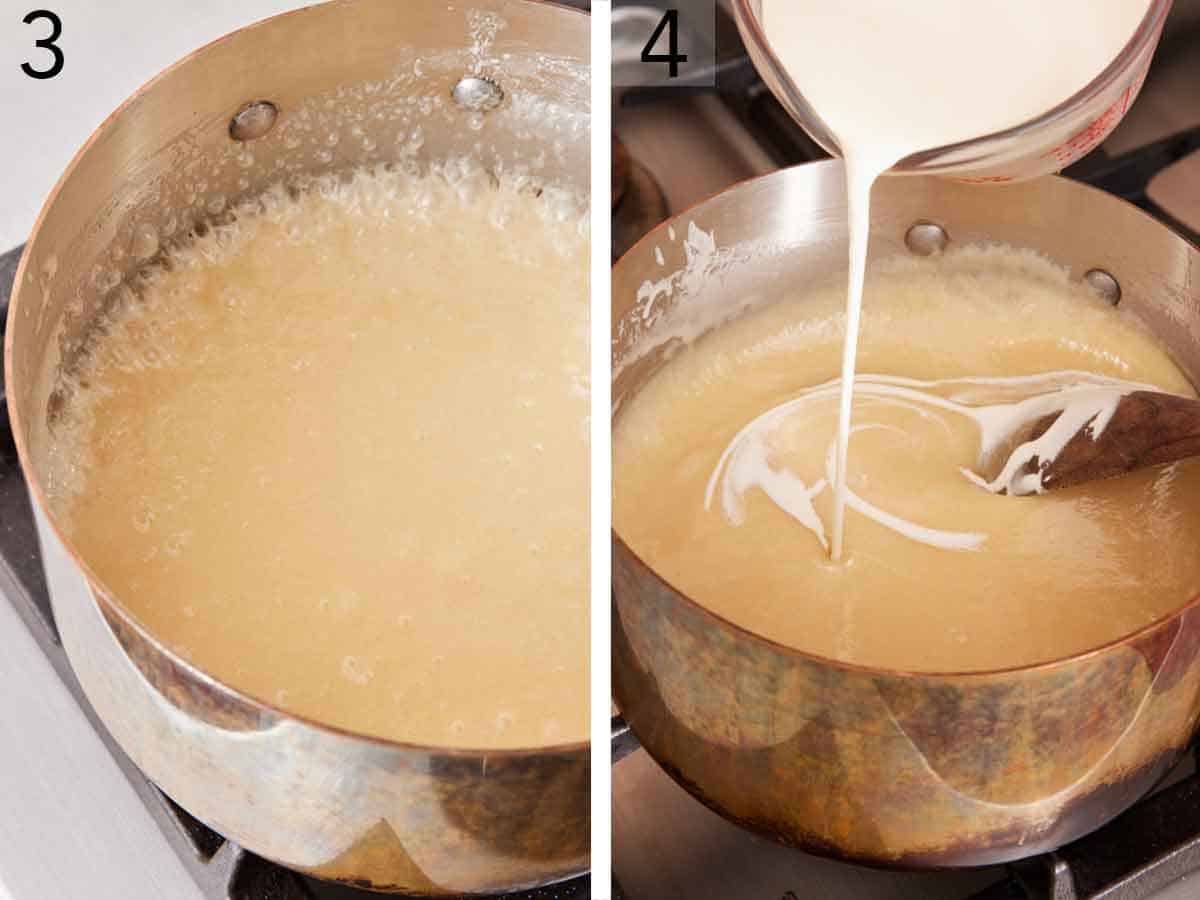 Set of two photos showing mixture in pot simmering and heavy cream stirred in.