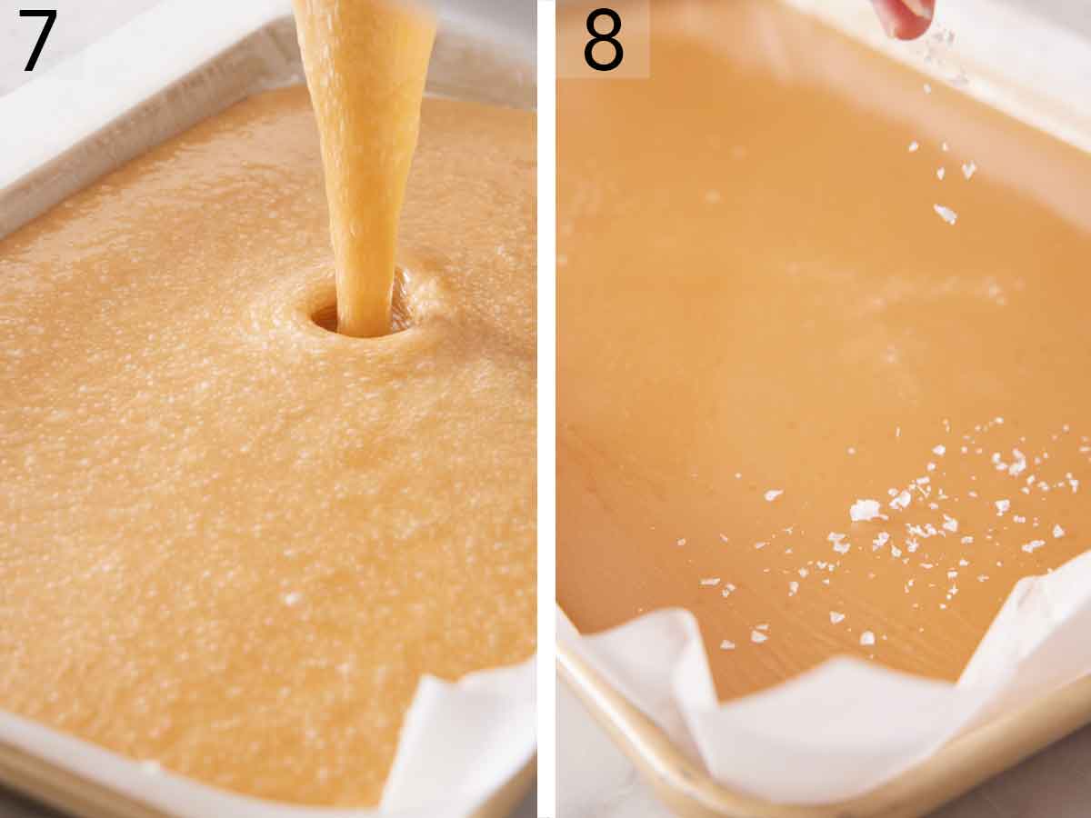 Set of two photos showing caramel mixture poured onto a sheet pan and then sea salt sprinkled on top.