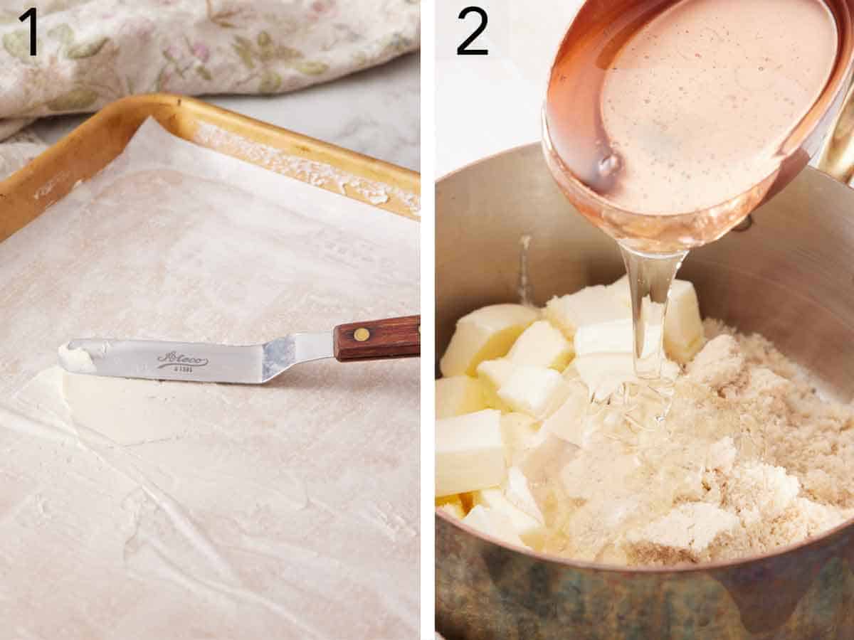 Set of two photos showing a lined sheet pan greased and then white sugar, light brown sugar, light corn syrup, butter, and salt added to a pot.