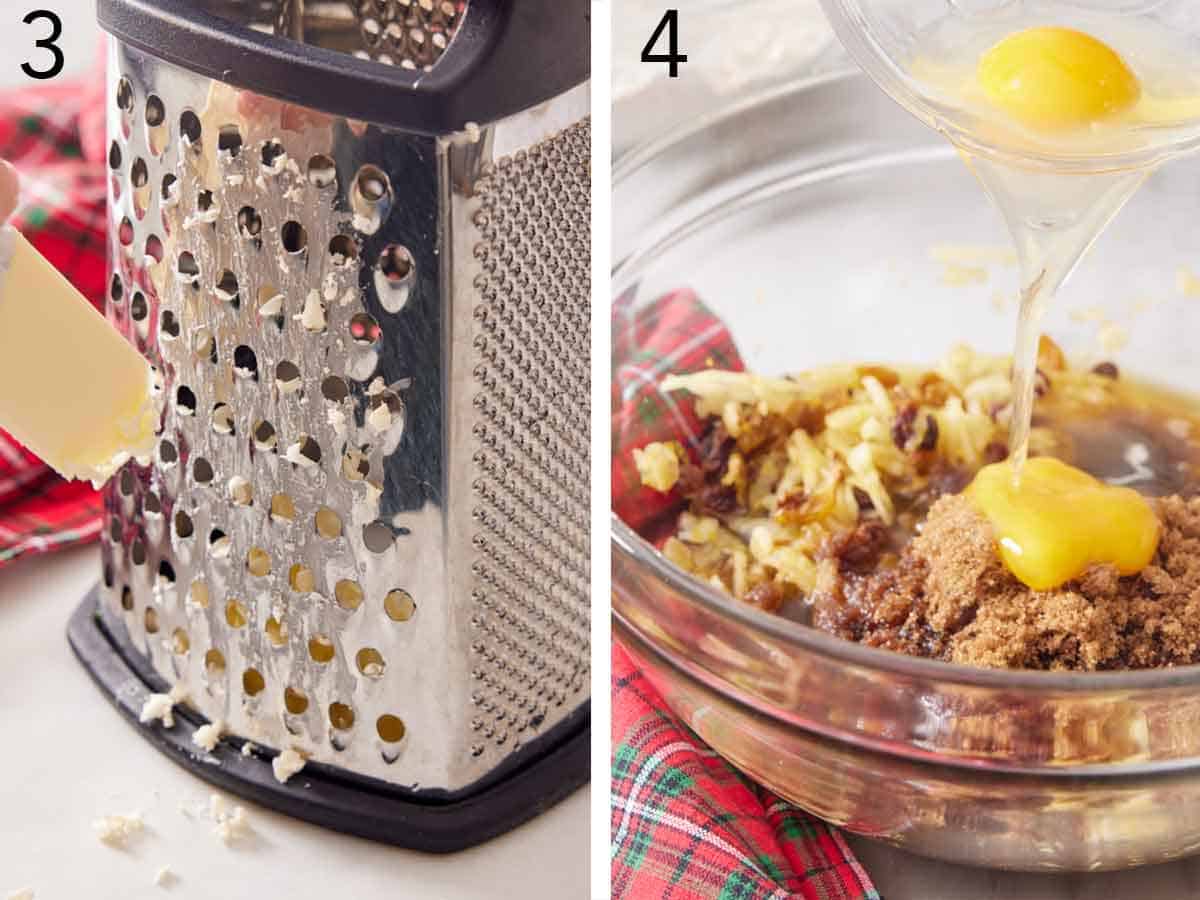 Set of two photos showing butter grated and eggs added to the fruit mixture.
