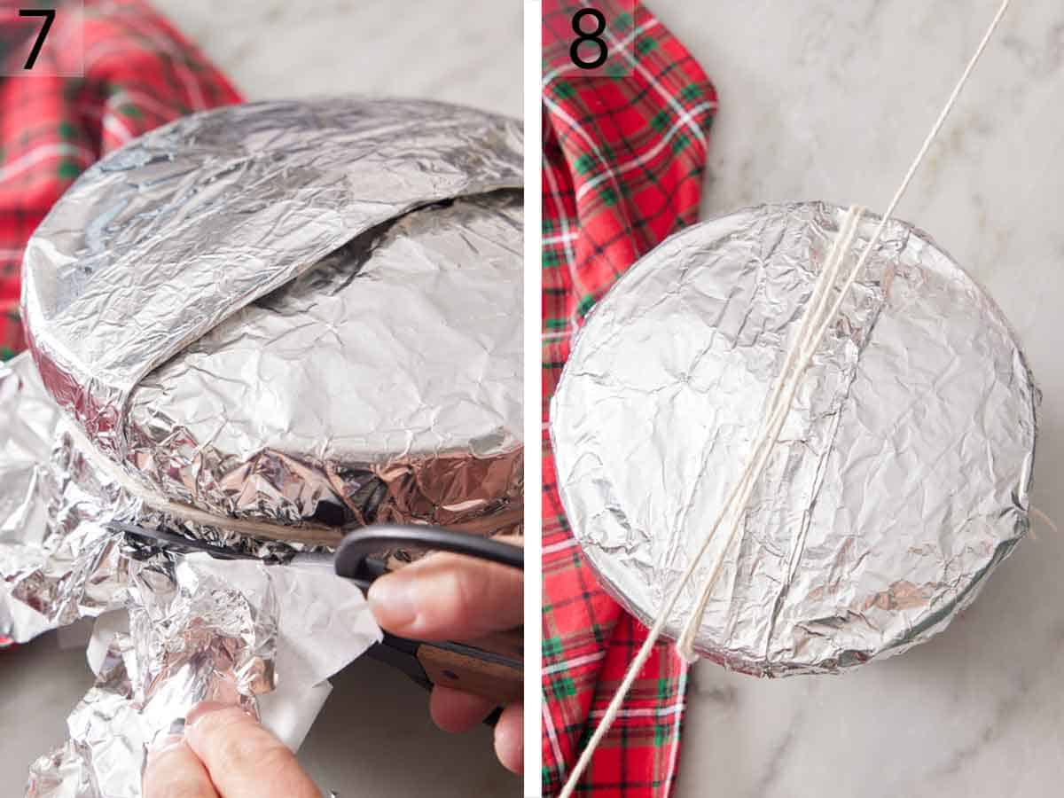 Set of two photo showing the mold wrapped in foil and wrapped with cooking twine.