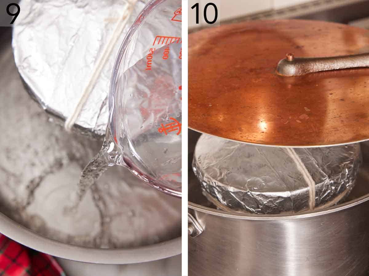 Set of two photos showing water added to the pot with the pudding and lid placed on top.