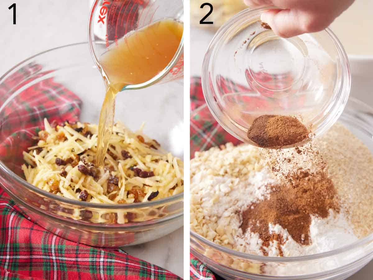 Set of two photos showing brandy added to a bowl of dried mixed fruit and then flour, bread crumbs, almonds, cinnamon, nutmeg, allspice, and baking powder added to another bowl.