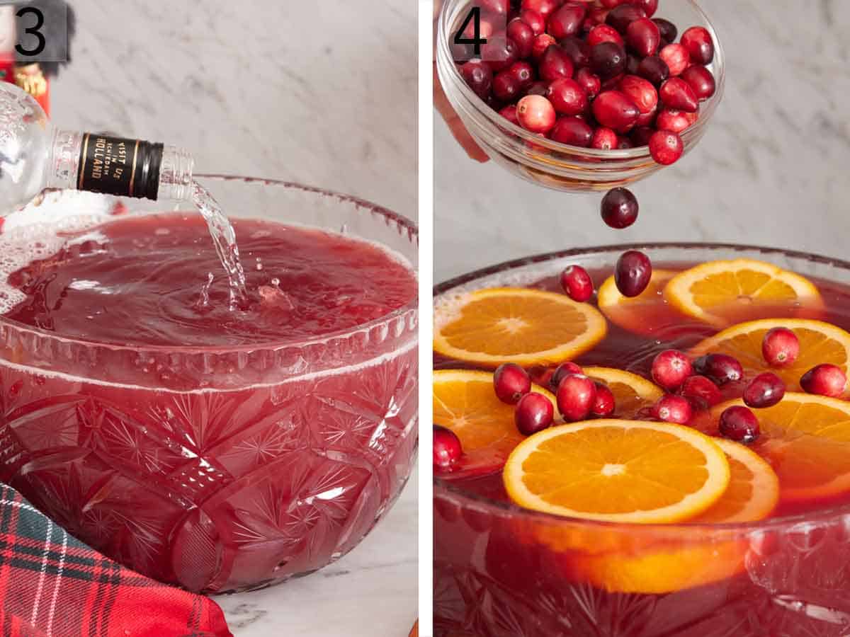 Set of two photos showing vodka and cranberries added to the punch bowl.