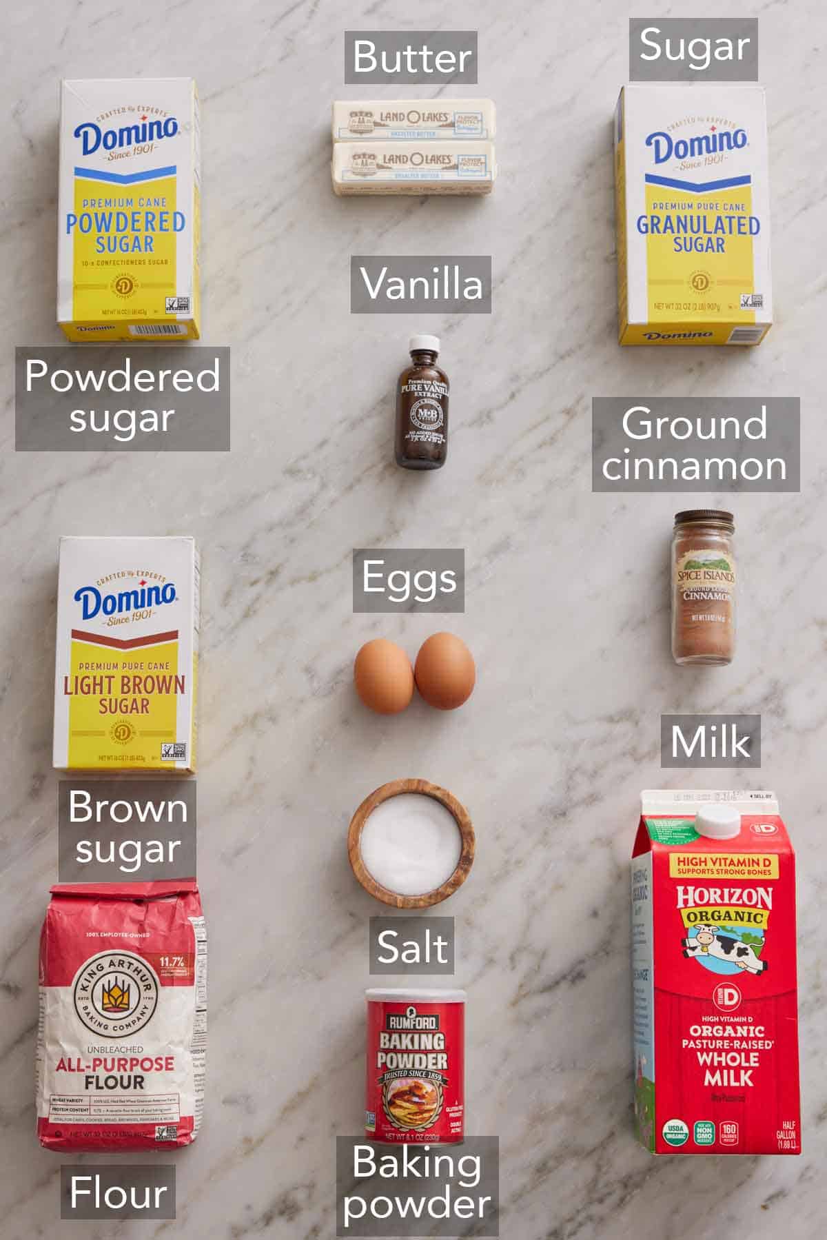 Ingredients needed to make cinnamon roll cake.