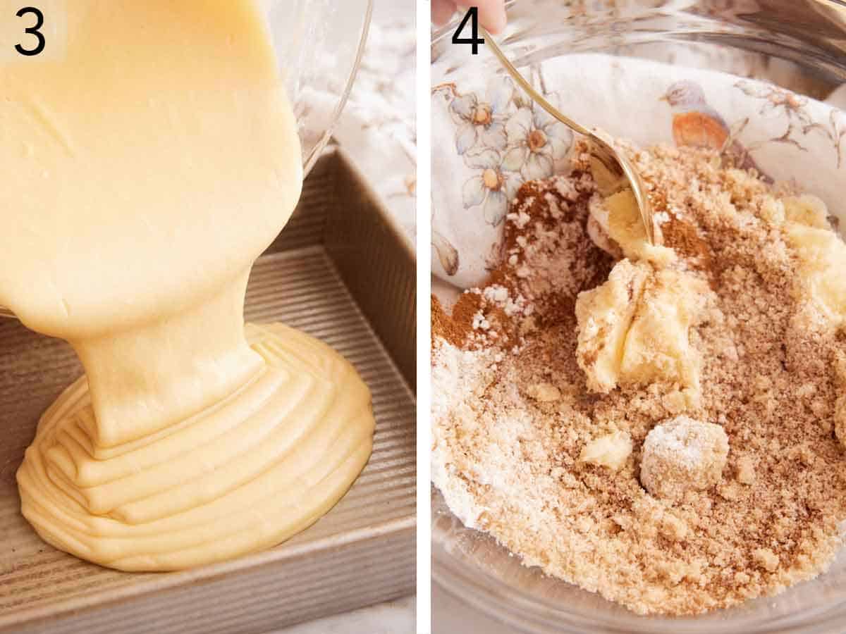 Set of two photos showing batter pured into a baking dish and brown sugar mixed with butter.