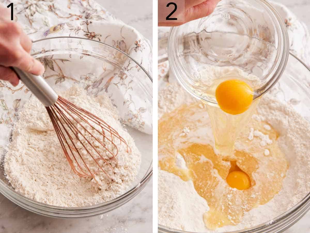 Set of two photos showing dry ingredients whisked and eggs added.