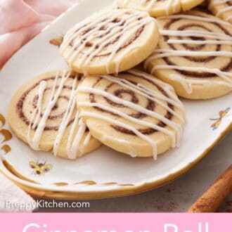 Pinterest graphic of a platter of cinnamon roll cookies with icing drizzled on top.