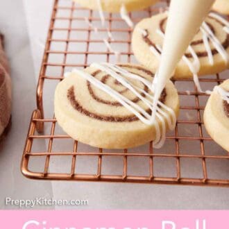 Pinterest graphic of icing drizzled over cinnamon roll cookies on a cooling rack.