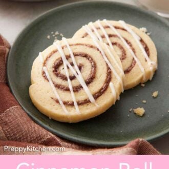 Pinterest graphic of two cinnamon roll cookies with icing on a plate.