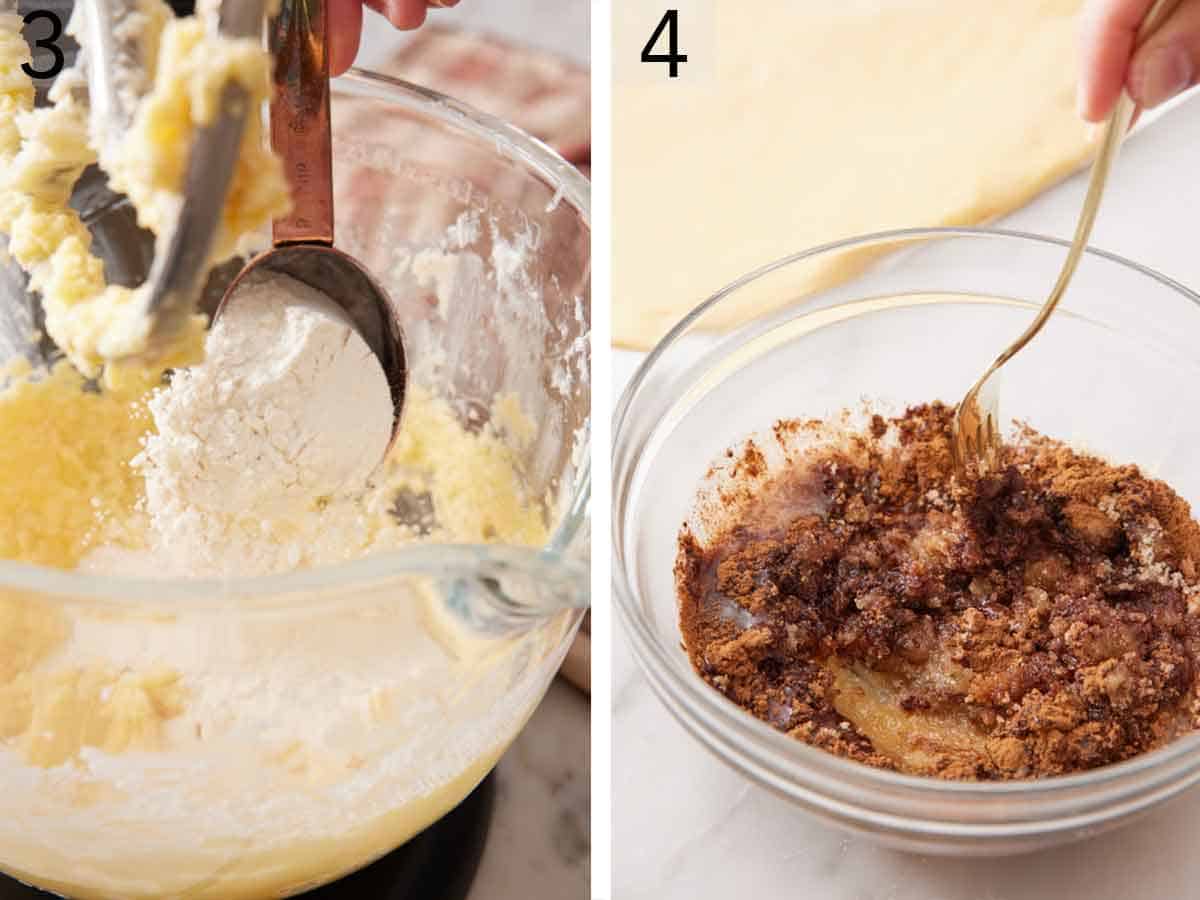 Set of two photos showing dry ingredients added to the mixer and cinnamon sugar mixture combined in a bowl.