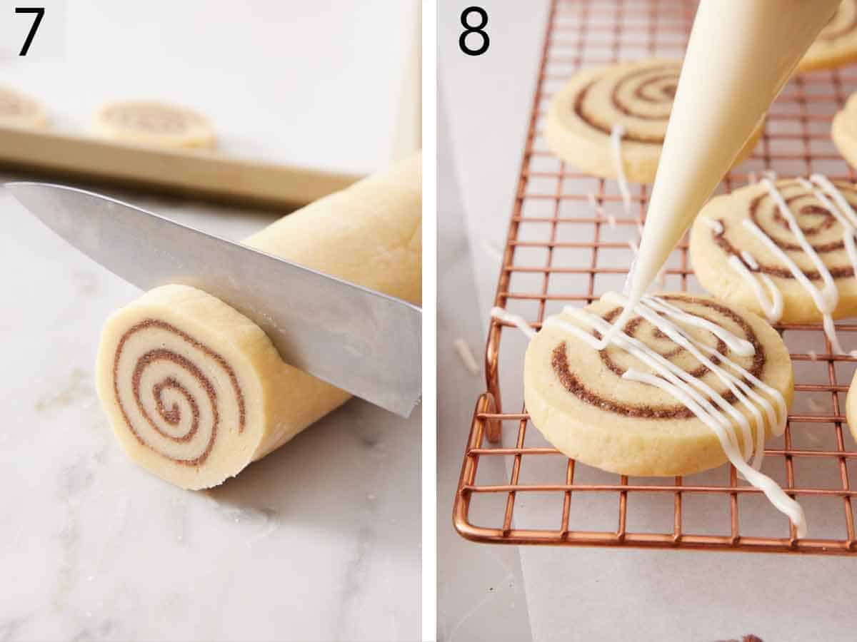 Set of two photos showing the cookie dough sliced and then icing drizzled over cookies on a cooling rack.