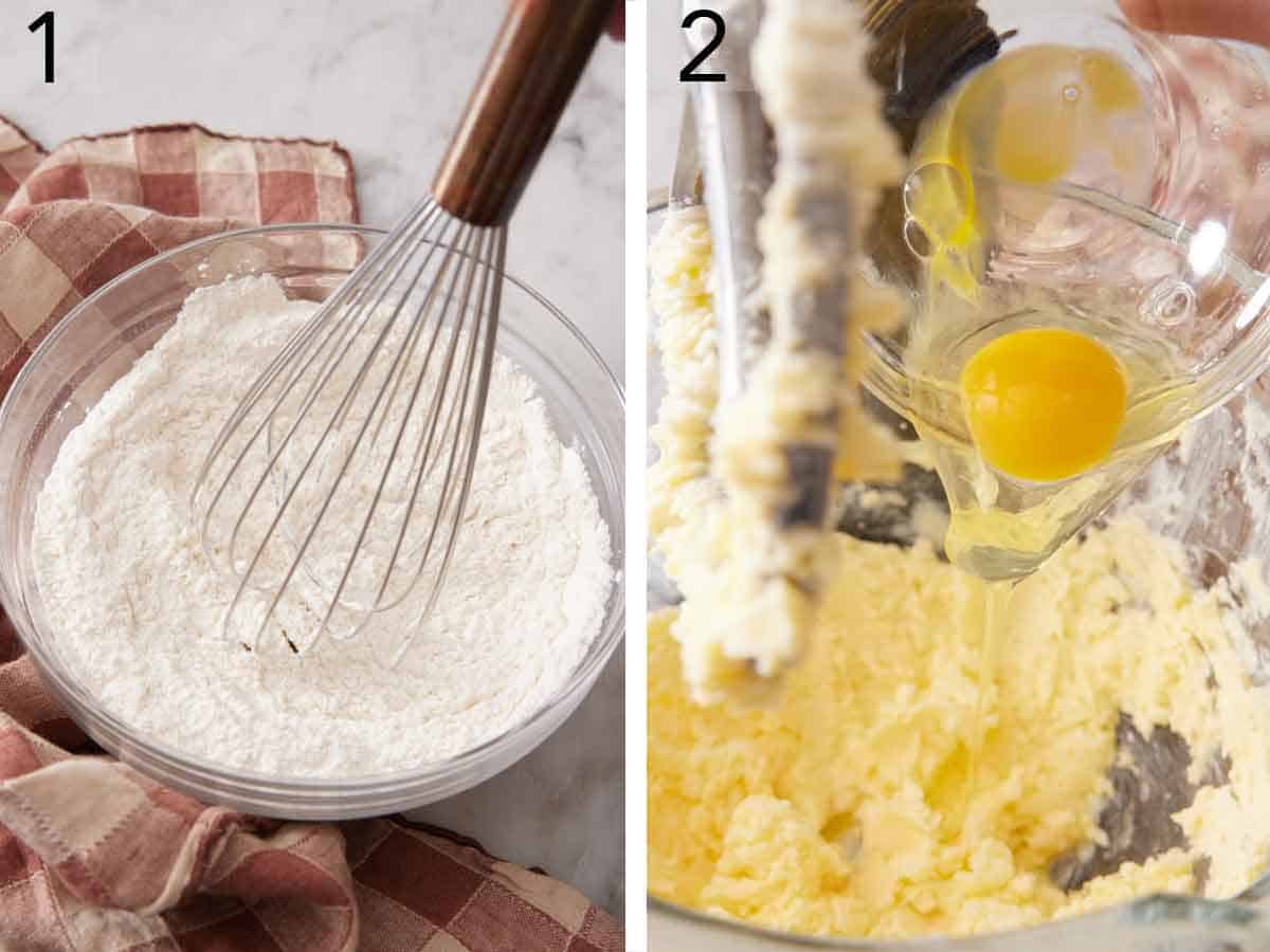 Set of two photos showing dry ingredients whisked together and egg added to a mixer of creamed butter.