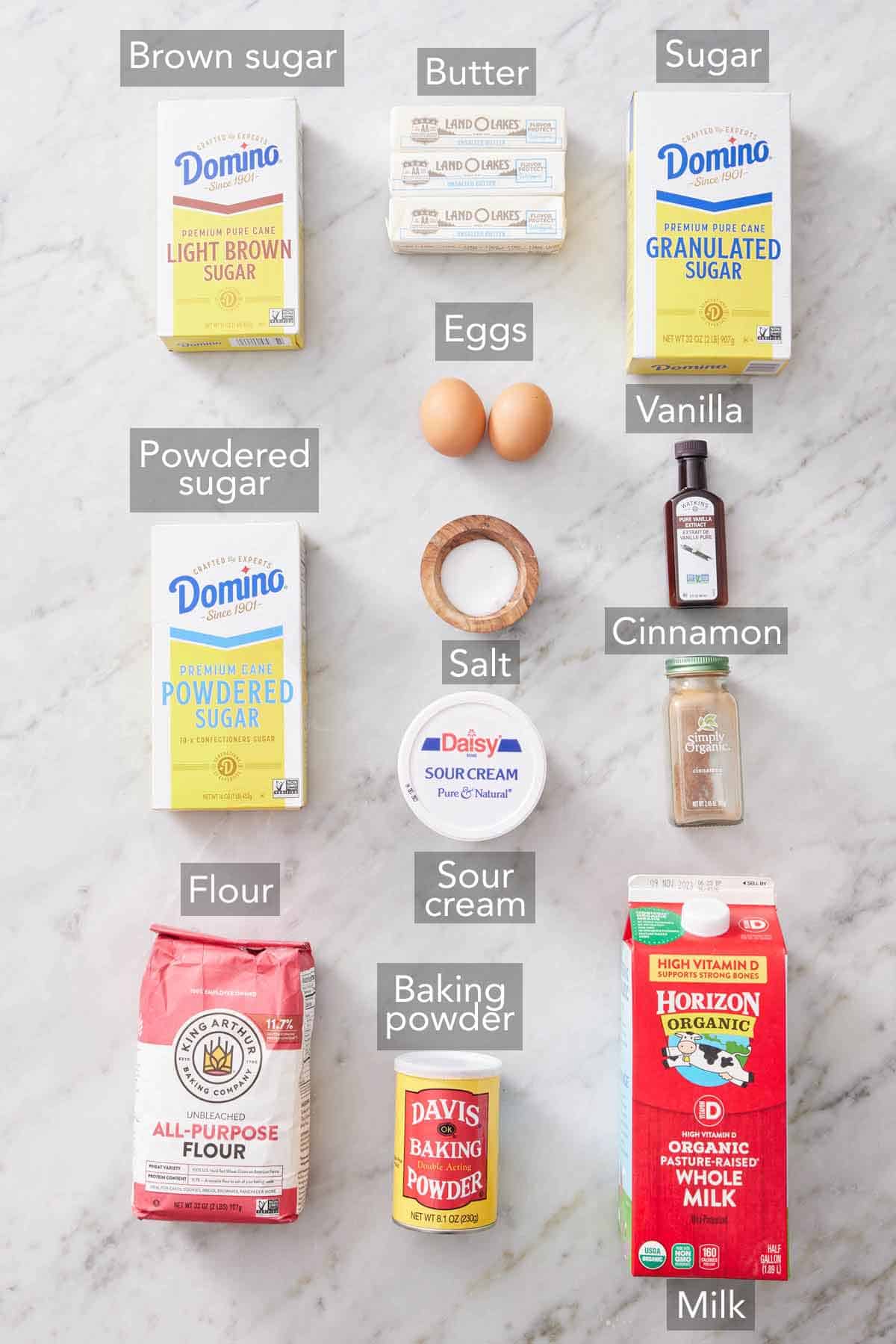 Ingredients needed to make a coffee cake.