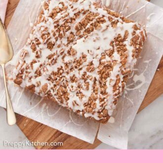 Pinterest graphic of a coffee cake topped with glaze on a parchment lined serving board.