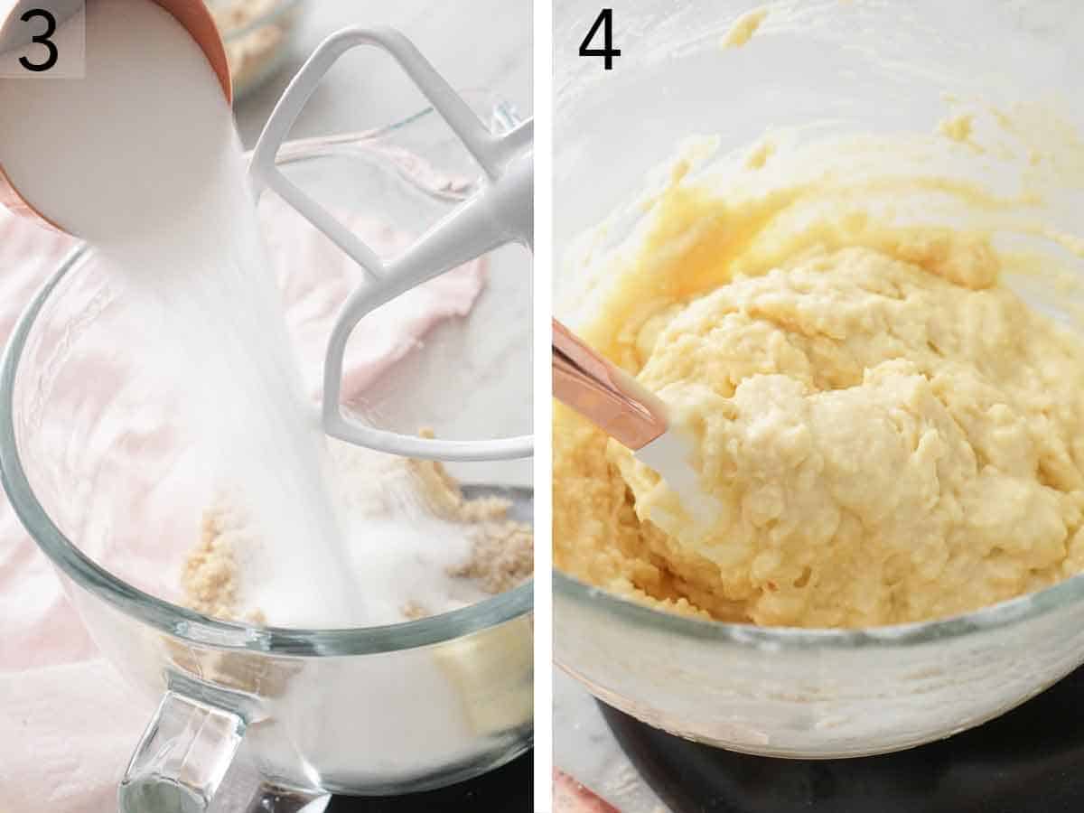 Set of two photos showing sugar added to a mixing bowl and batter mixed.