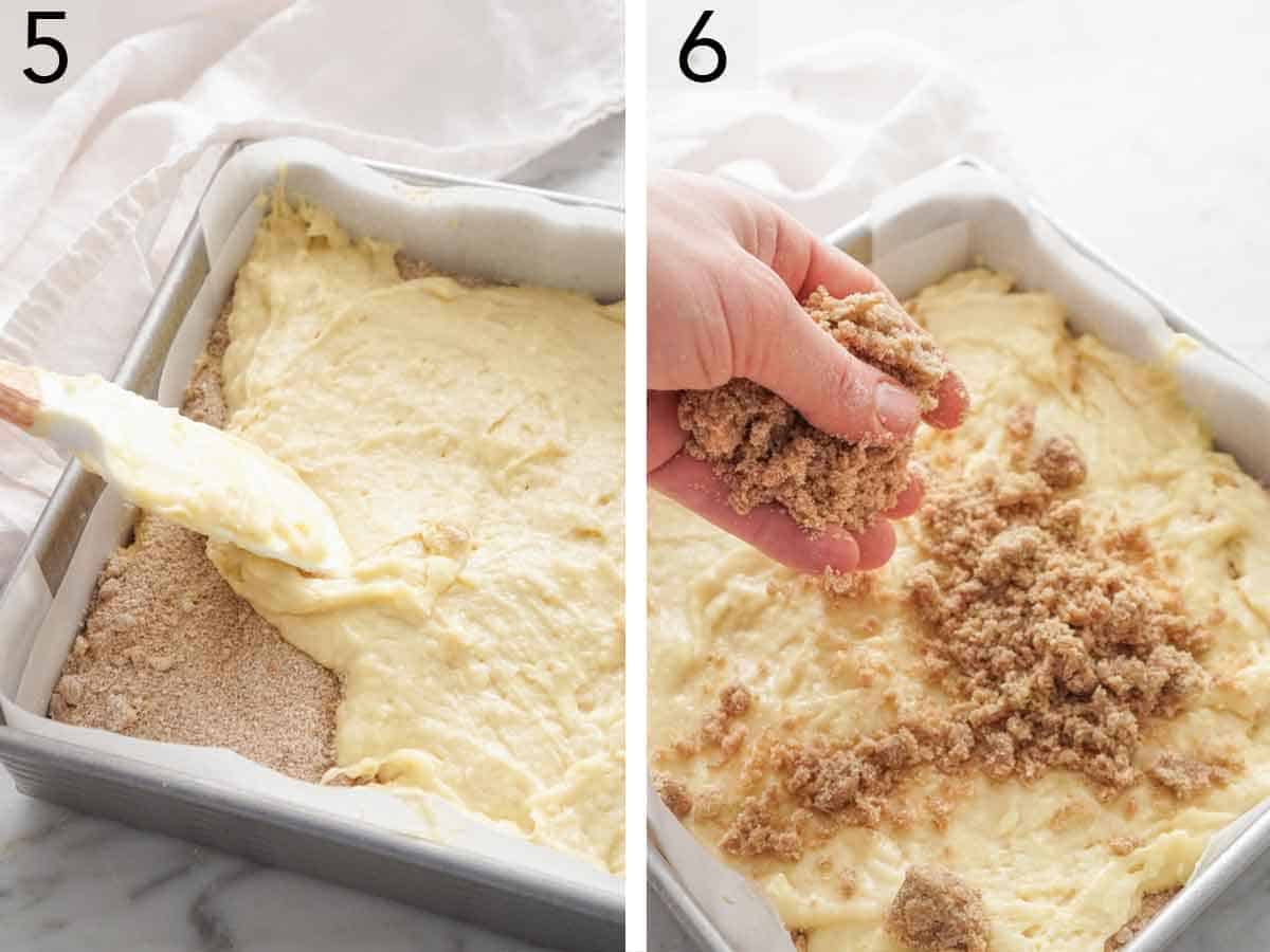 Set of two photos showing batter added to a baking dish and topped with the sugar flour mixture.