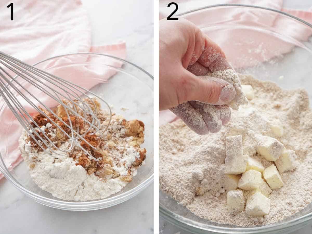 Set of two photos showing brown sugar, flour, and cinnamon whisked in a bowl then butter pressed in.