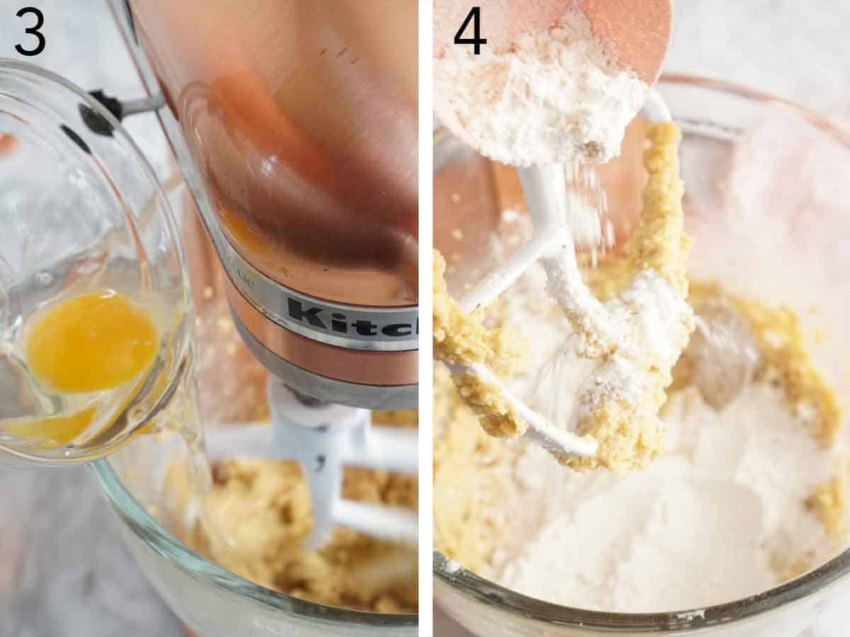 Set of two photos showing eggs and dry ingredients added to a mixer.