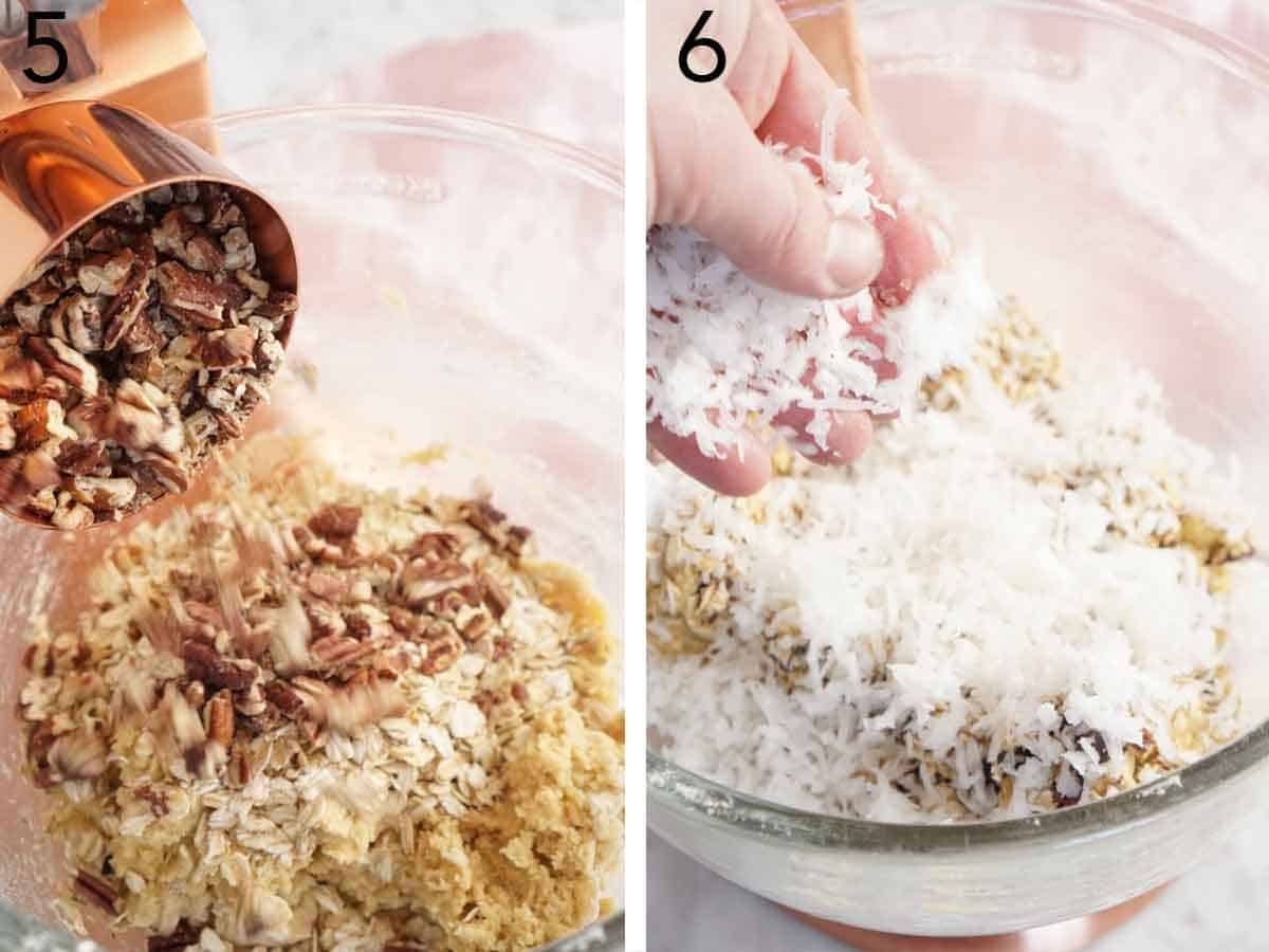 Set of two photos showing pecans and coconut added to a mixer.
