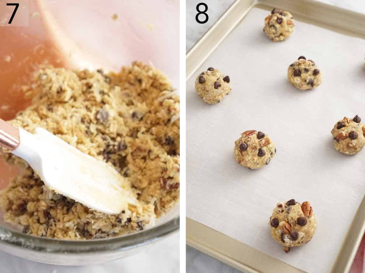 Set of two photos showing dough mixed then rolled into balls.