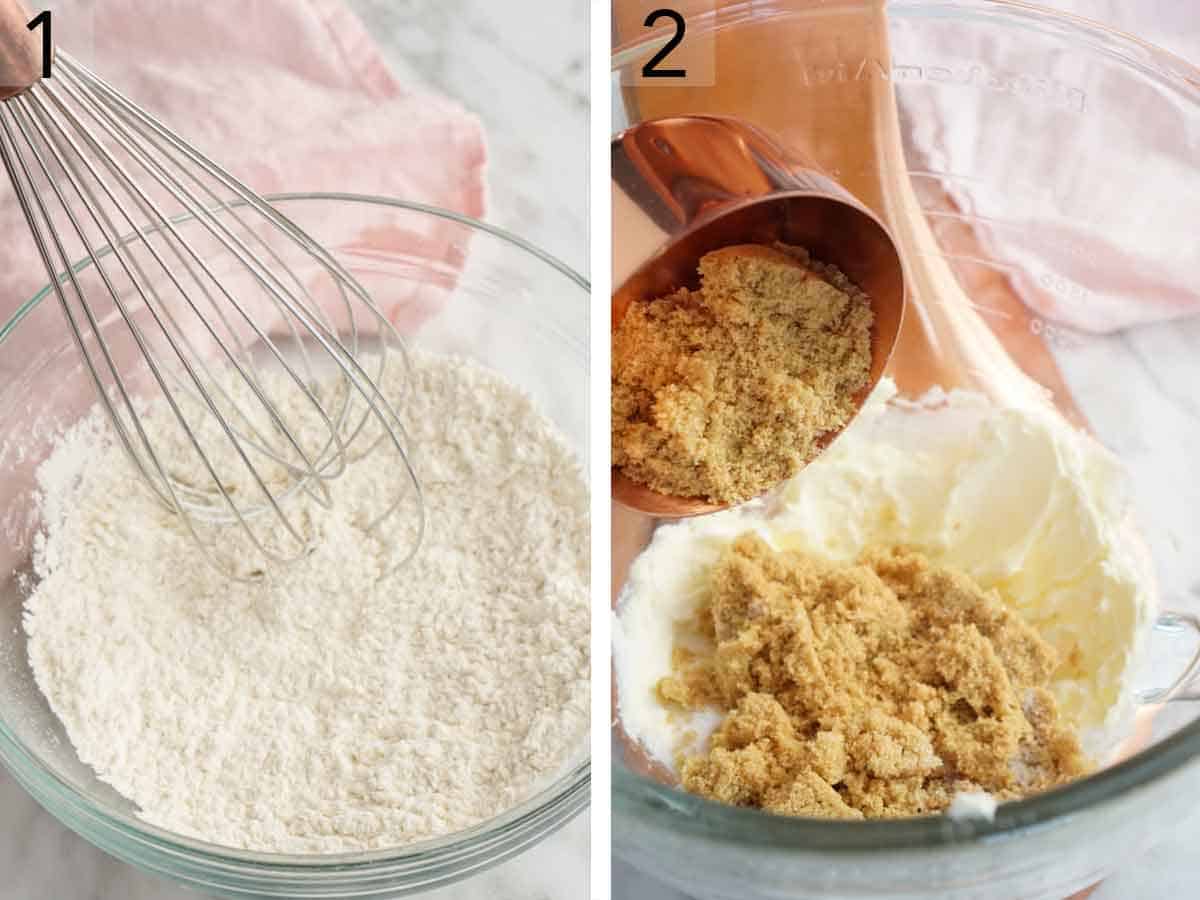 Set of two photos showing dry ingredients whisked and brown sugar added to creamed butter.