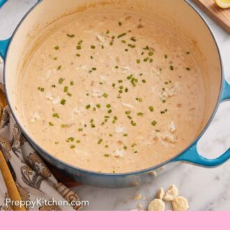 Pinterest graphic of an overhead view of a pot of crab soup garnished with chives.