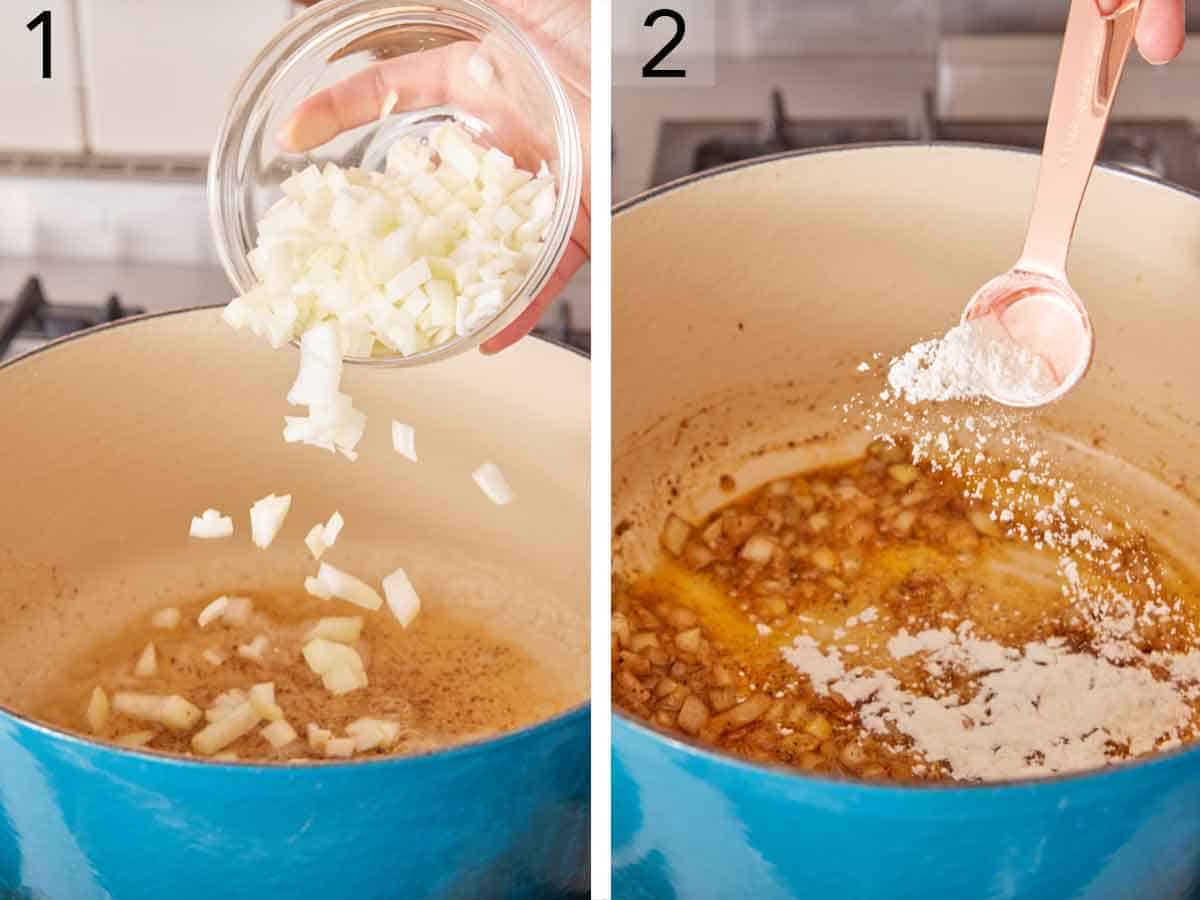 Set of two photos showing onions and flour added to a pot.