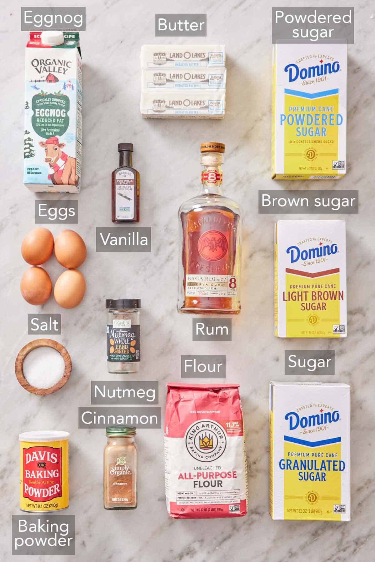 Ingredients needed to make an eggnog cake.
