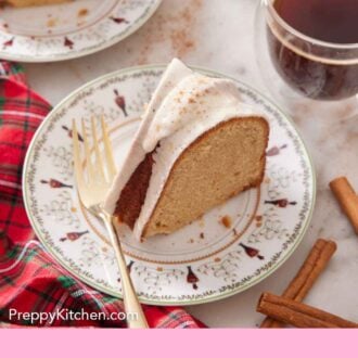 Pinterest graphic of a plate with a slice of eggnog with a fork.